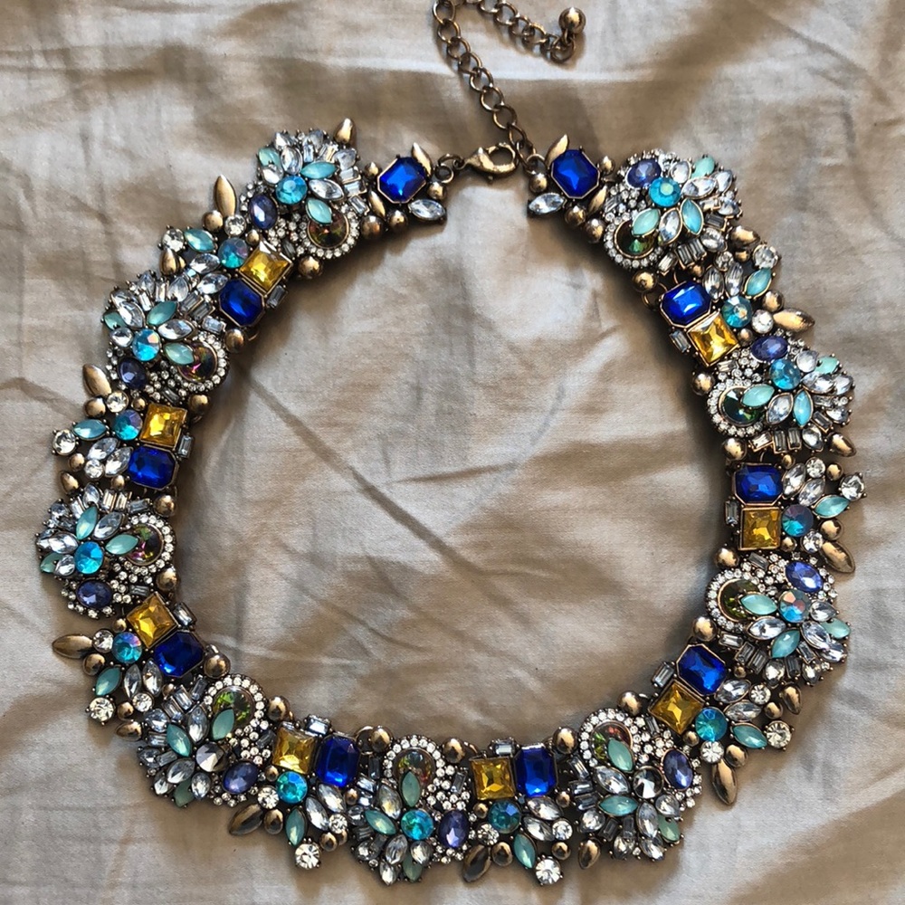 Blue, Yellow, Mint Green and Crystal Gold Necklace